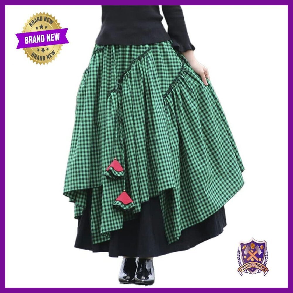 Retro Cotton Linen Maxi Skirt Elastic Waist A-Line Asymmetrical Flare